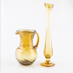 Amber Glass candleholder & Amber Glass Creamer